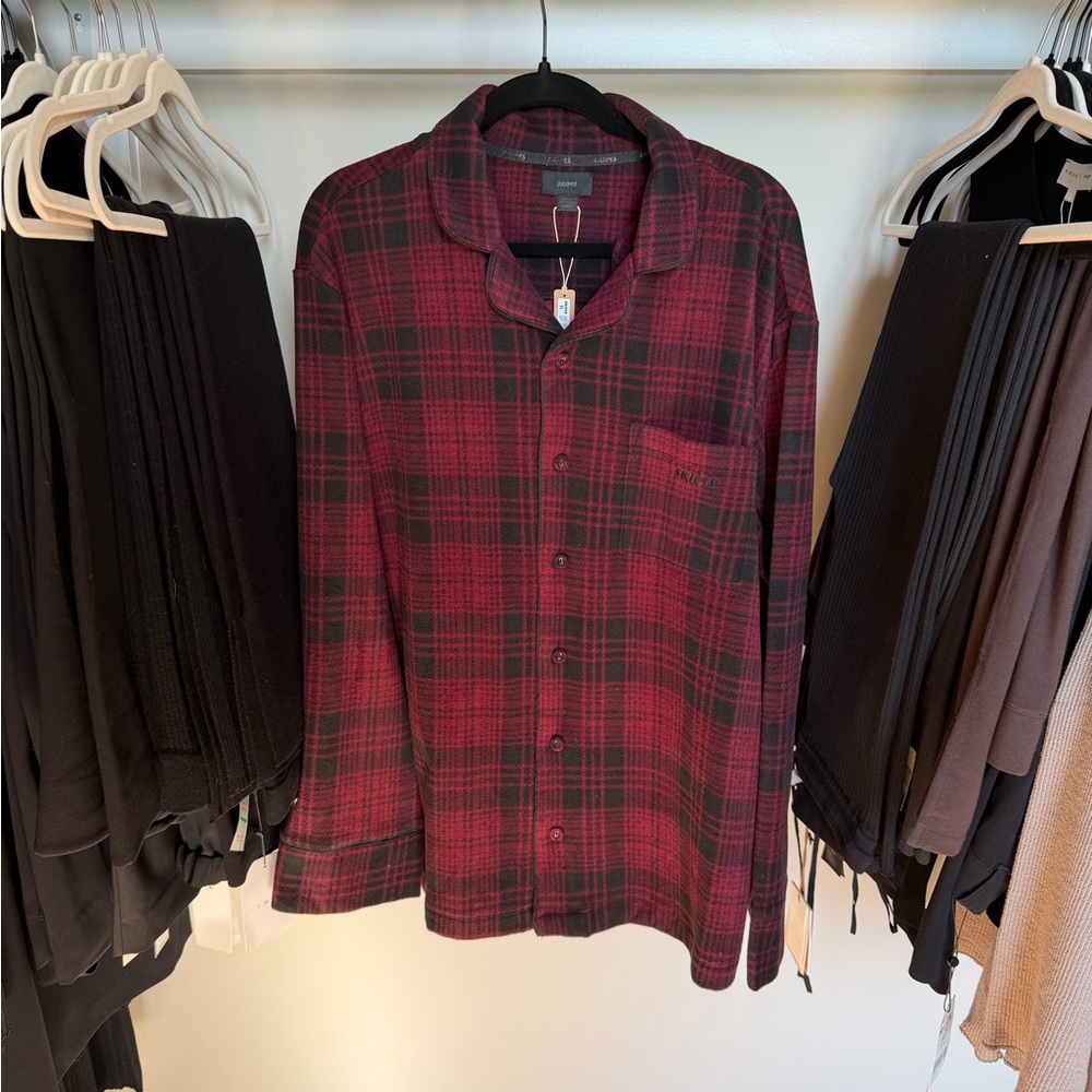 Skims Maroon and Black Plaid Button-Up Shirt